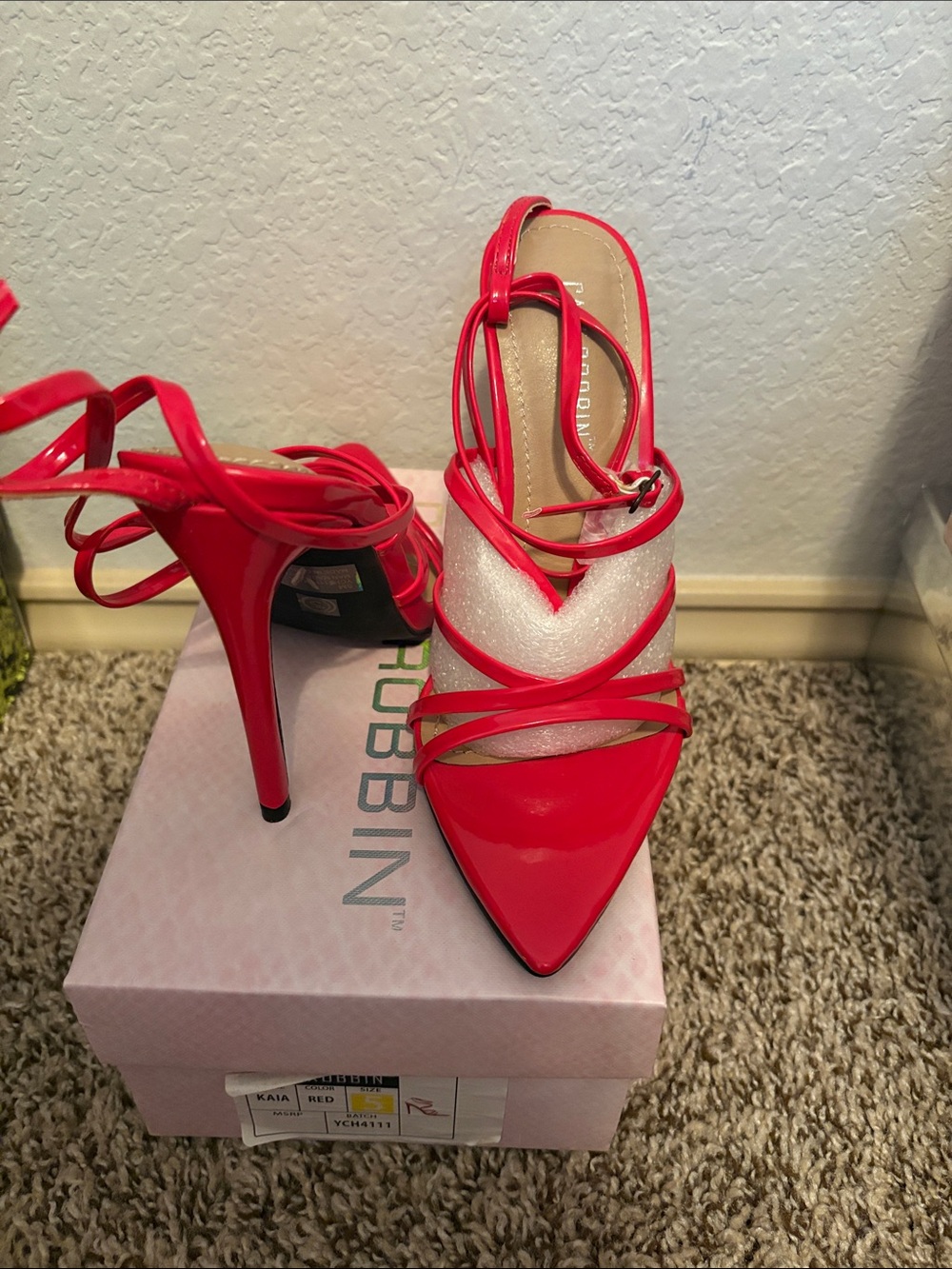 Red Strappy Pointed-Toe High Heels